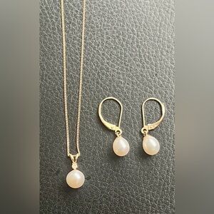 Vintage 14K Gold Pearl Diamond Drop Jewelry Set